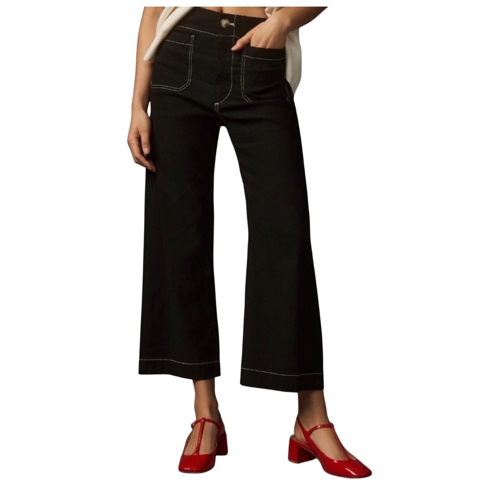 Maeve The Colette Black Wide Leg Cropped Pants Contrast Stitch Size 27